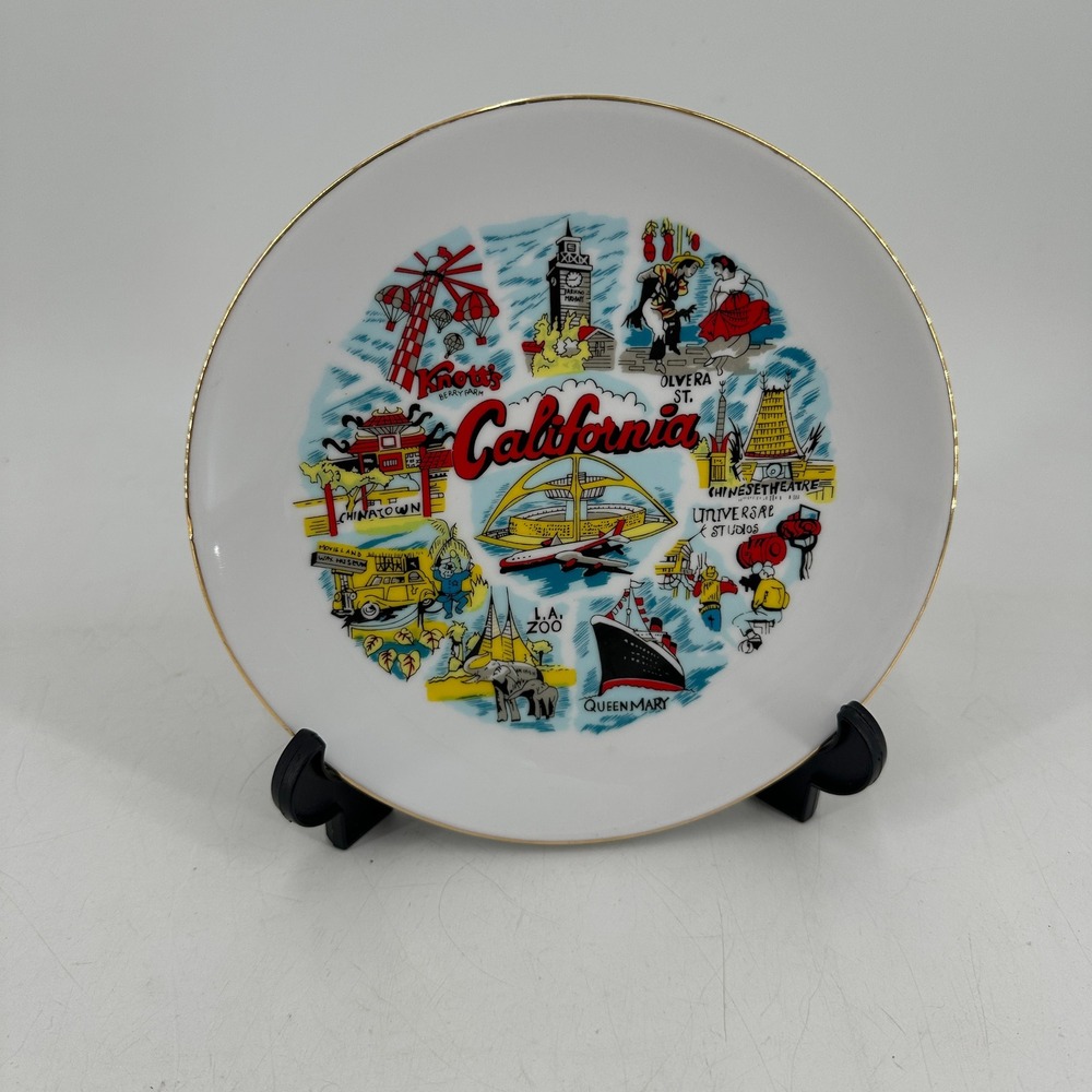 Vintage California Souvenir Collector Plate Knott's Universal Studios Gold Rim